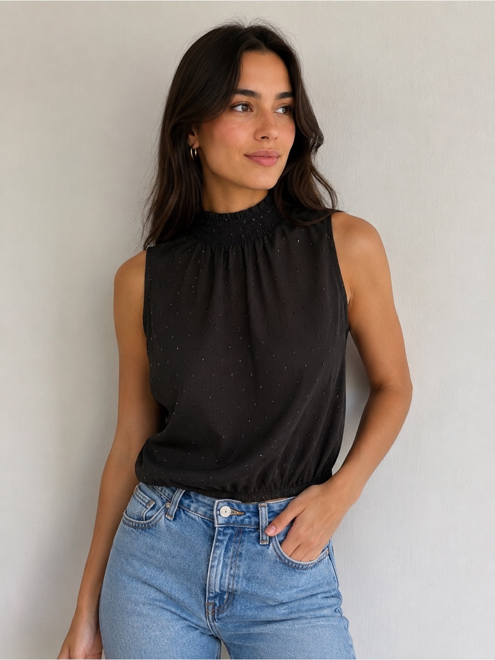 Express Black Clip Dot Smocked Mock Neck Sleeveless Blouse XS